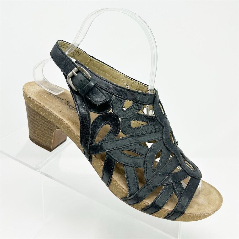 Josef Seibel Black Leather Slingback Heeled Sandals Size 39 (US 8-8.5) Casual